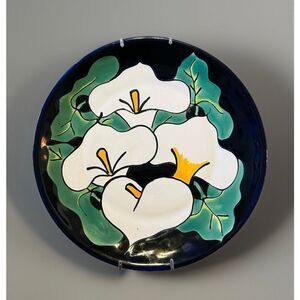 Studio Pottery Plate Dish Cobalt Blue White Calla Lily Talavera Mexico